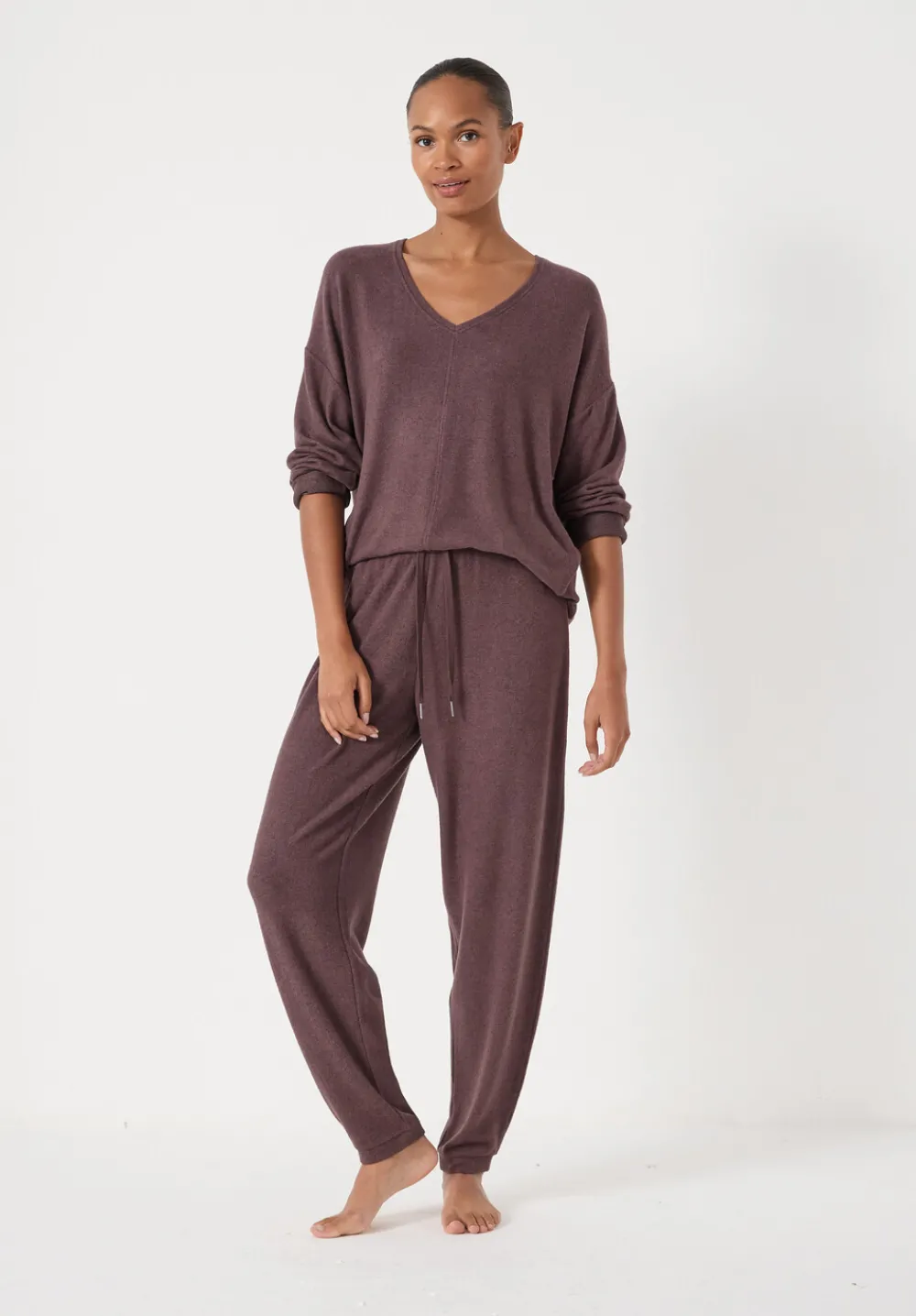 hush Tops & T-Shirts|Pyjamas & Nightwear|Gillian Supersoft V Neck Top Chocolate Melange