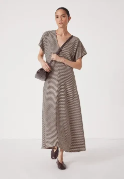 hush Dresses|Grace Jersey Gingham Check V-Neck Maxi Dress Taupe Brown