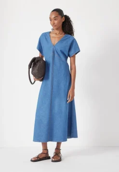 hush Dresses|Grace V Neck Denim Dress Vintage Wash Blue