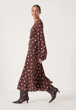 hush Dresses|Grace V-Neck Long Sleeve Dress Polka Dot Brown