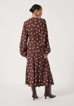 hush Dresses|Grace V-Neck Long Sleeve Dress Polka Dot Brown