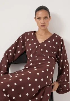 hush Dresses|Grace V-Neck Long Sleeve Dress Polka Dot Brown