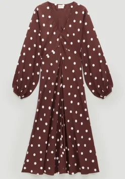 hush Dresses|Grace V-Neck Long Sleeve Dress Polka Dot Brown