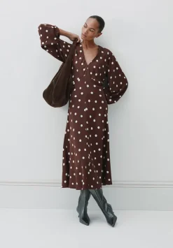 hush Dresses|Grace V-Neck Long Sleeve Dress Polka Dot Brown