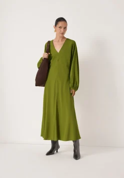 hush Dresses|Grace V-Neck Long Sleeve Dress Dark Olive Green