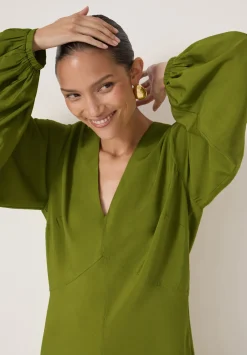 hush Dresses|Grace V-Neck Long Sleeve Dress Dark Olive Green