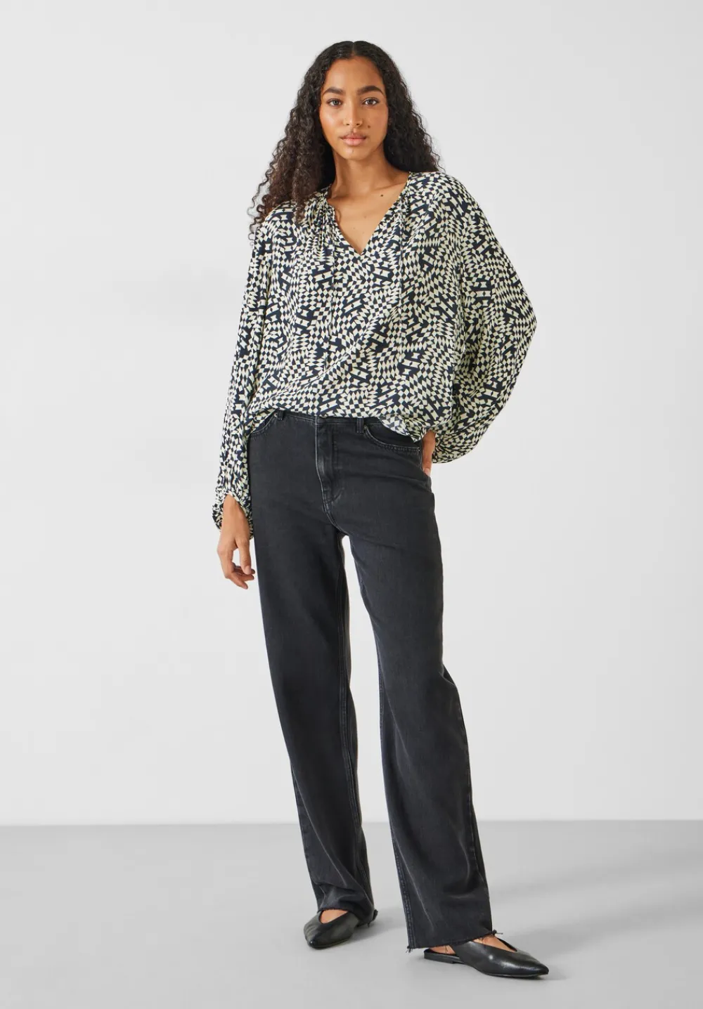 hush Shirts & Blouses|Hartley Gathered Sleeve Printed Top Mini Geo Black