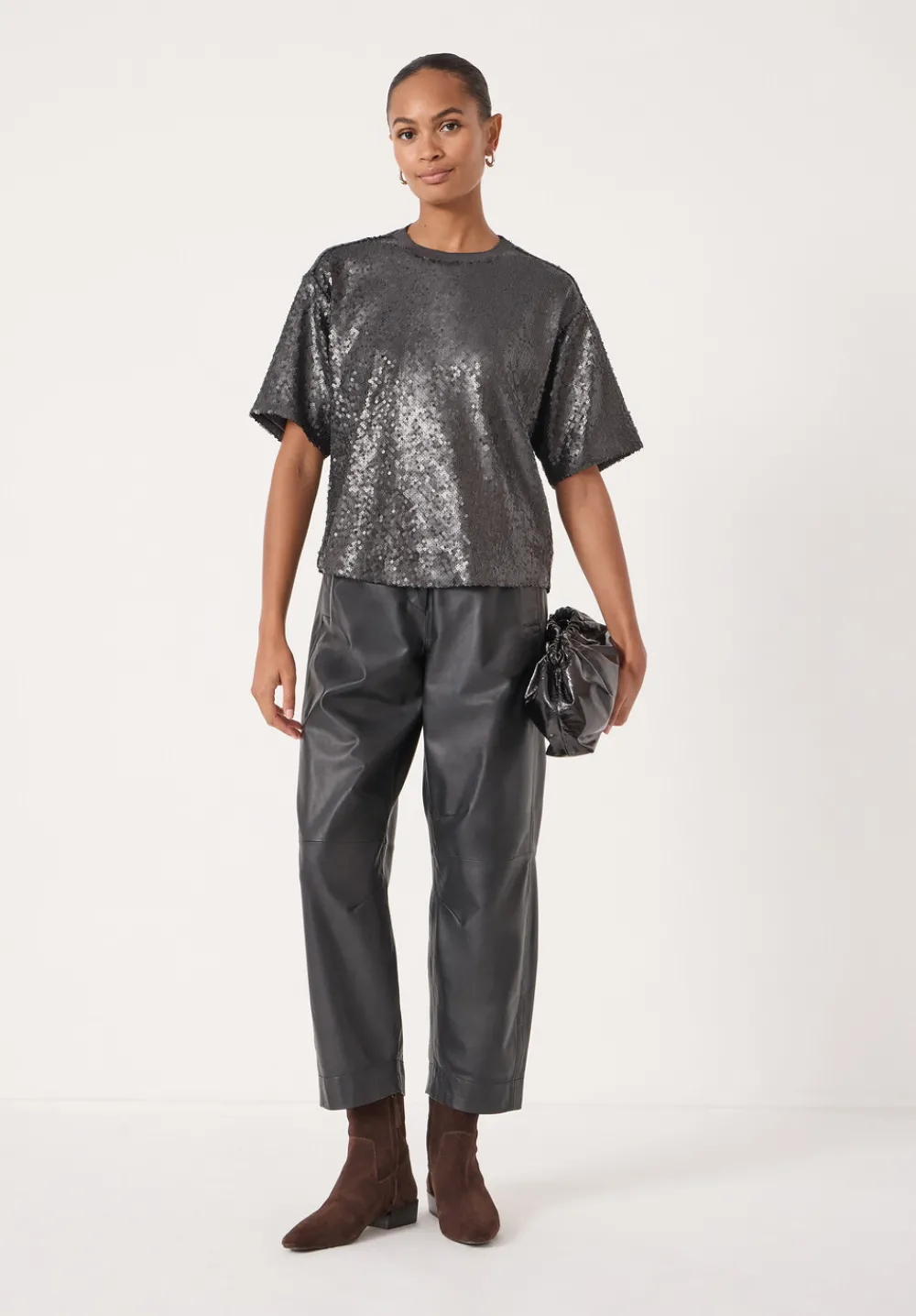hush Tops & T-Shirts|Holly Matte Sequin T-Shirt Gunmetal Grey
