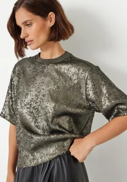 hush Tops & T-Shirts|Holly Sequin T-Shirt Matte Khaki Green Sequins