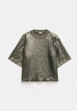 hush Tops & T-Shirts|Holly Sequin T-Shirt Matte Khaki Green Sequins