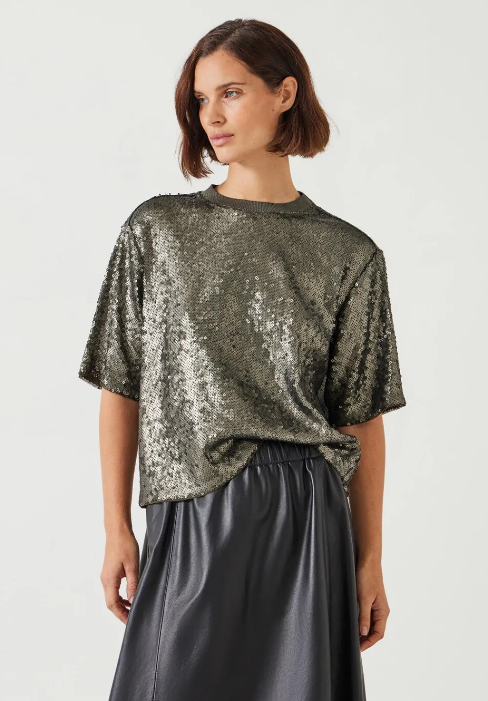 hush Tops & T-Shirts|Holly Sequin T-Shirt Matte Khaki Green Sequins