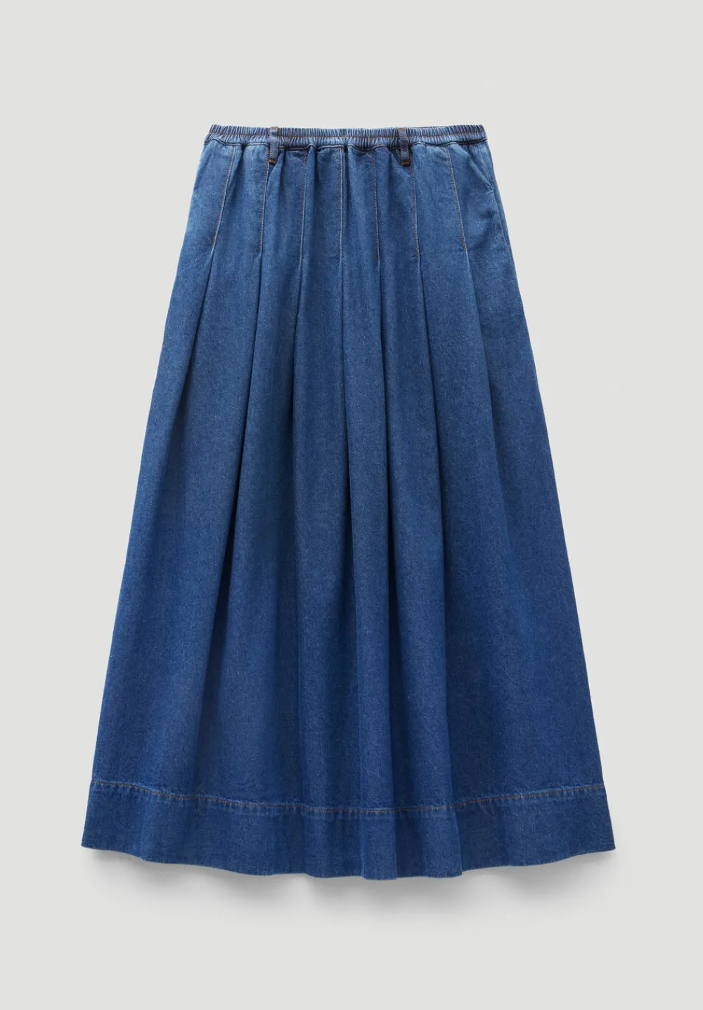 hush Skirts|Ivy Pleated Denim Midi Skirt Mid Authentic Wash