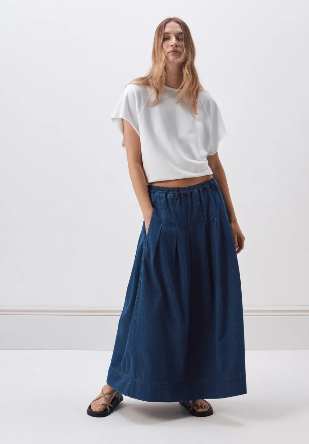 hush Skirts|Ivy Pleated Denim Midi Skirt Mid Authentic Wash
