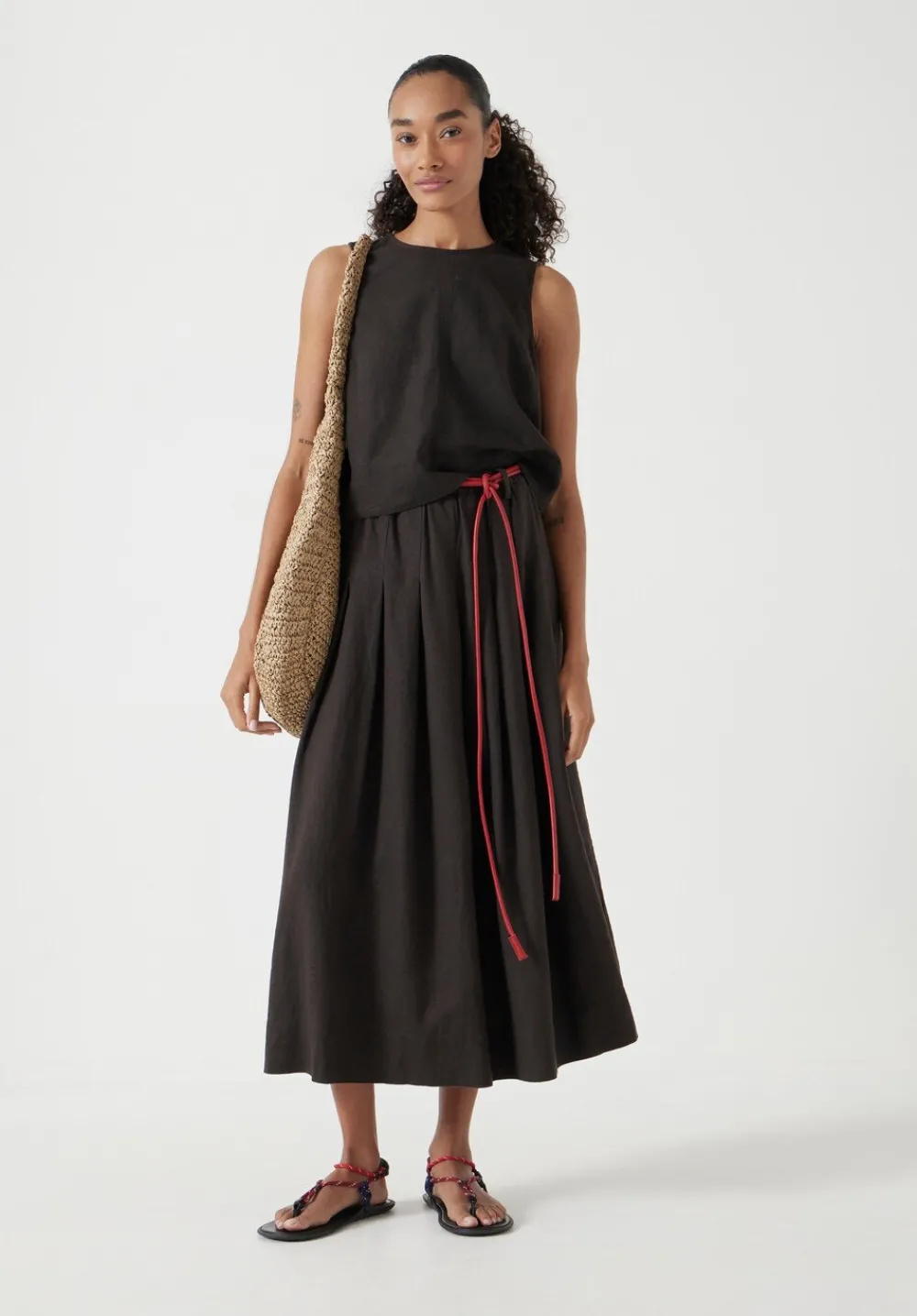 hush Skirts|Ivy Pleated Linen Blend Midi Skirt Dark Brown
