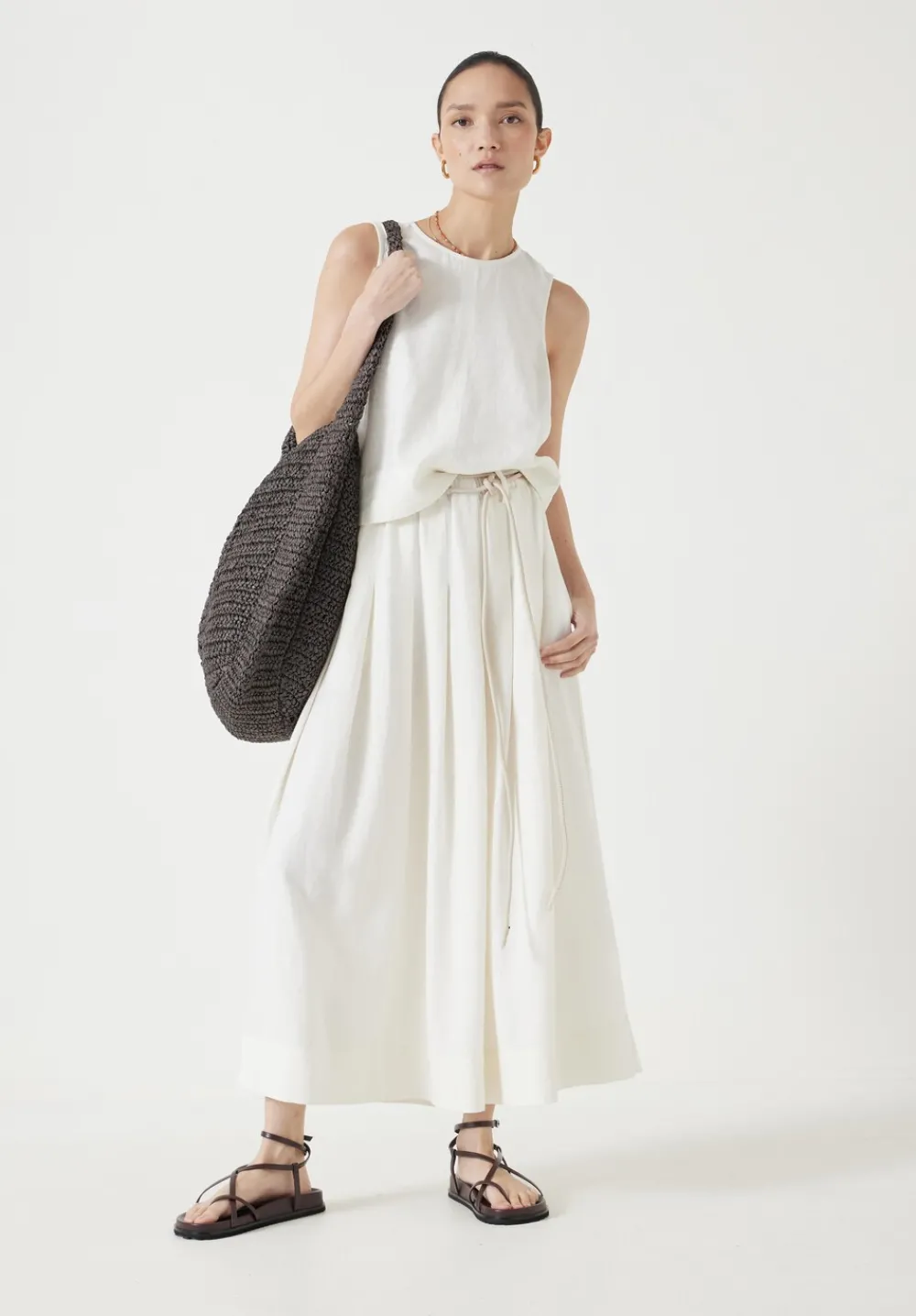 hush Skirts|Ivy Pleated Linen Blend Midi Skirt Off White