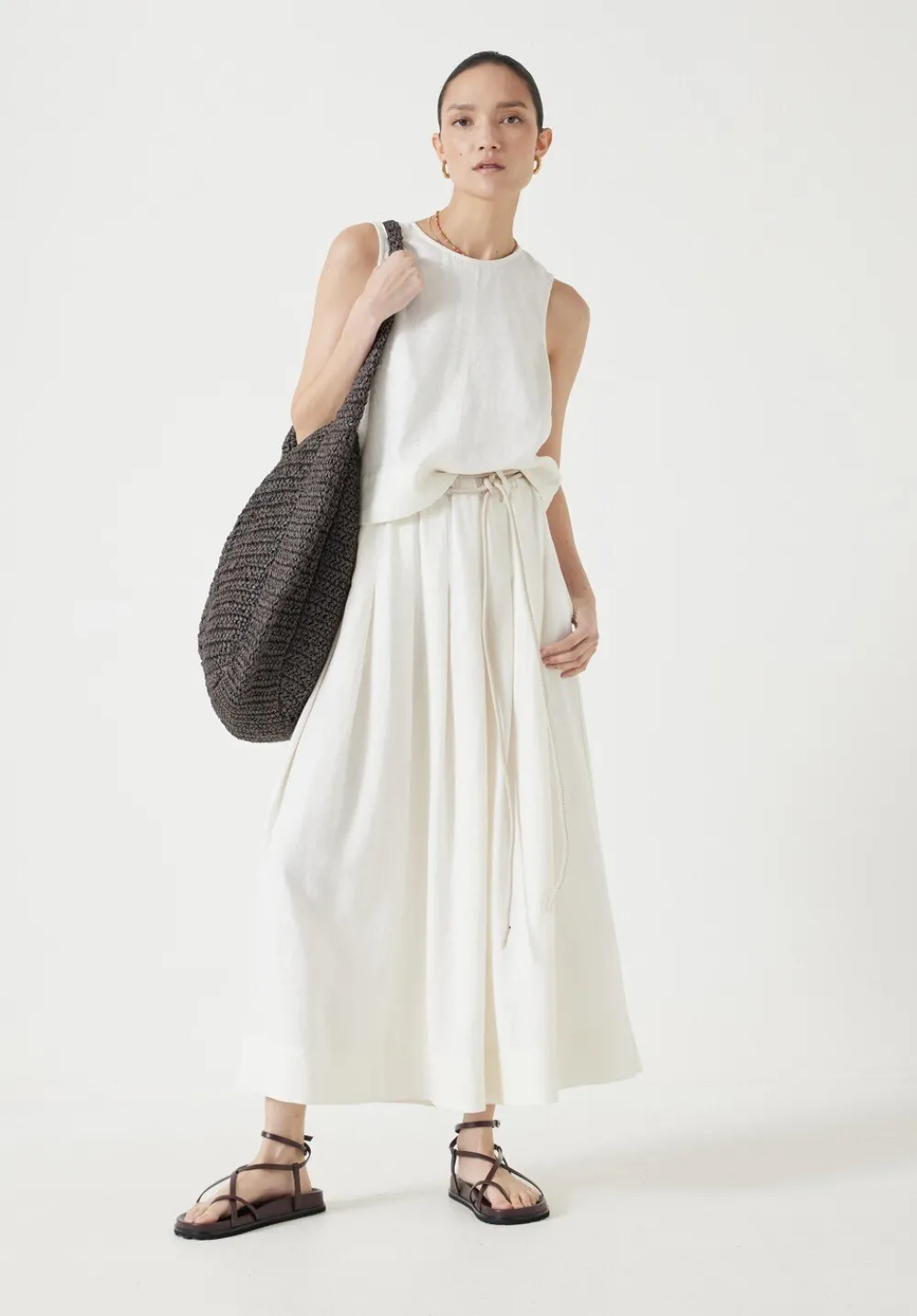 hush Skirts|Ivy Pleated Linen Blend Midi Skirt Off White