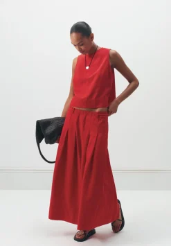 hush Skirts|Ivy Pleated Linen Blend Midi Skirt True Red