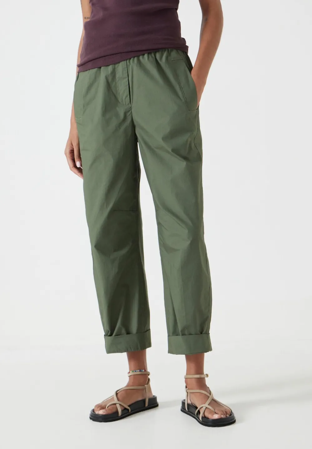 hush Trousers|Jack Barrel Leg Pull On Lightweight Cotton Trousers Khaki