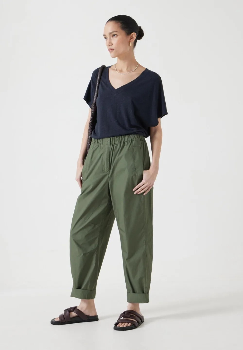 hush Trousers|Jack Barrel Leg Pull On Lightweight Cotton Trousers Khaki