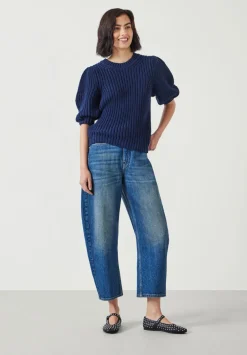 hush Tops & T-Shirts|Jessie Cotton Puff Sleeve Ribbed Top Navy