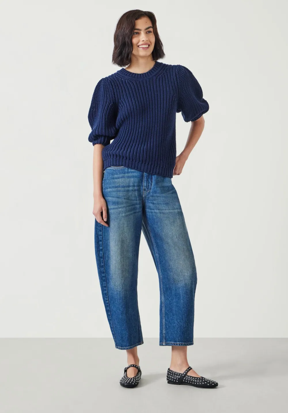 hush Tops & T-Shirts|Jessie Cotton Puff Sleeve Ribbed Top Navy