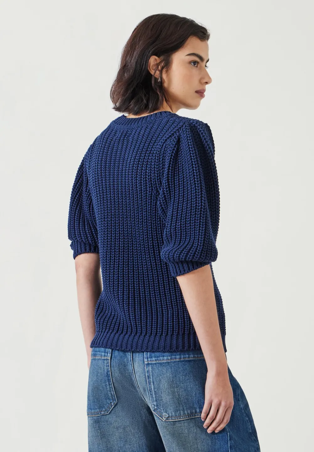 hush Tops & T-Shirts|Jessie Cotton Puff Sleeve Ribbed Top Navy