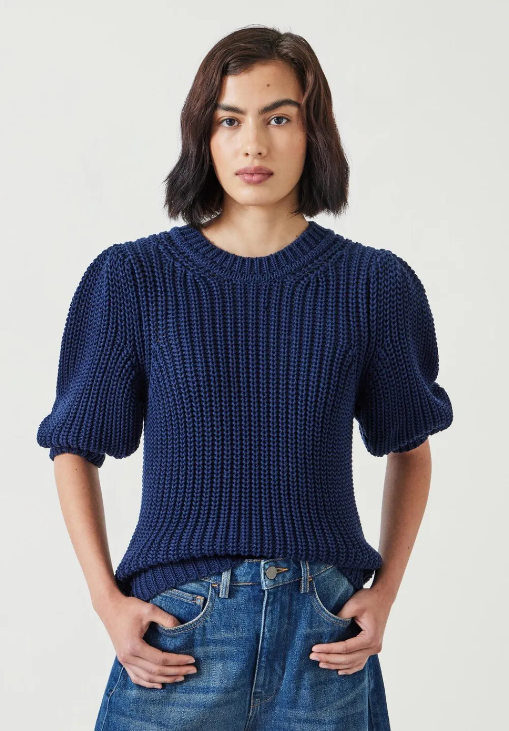 hush Tops & T-Shirts|Jessie Cotton Puff Sleeve Ribbed Top Navy