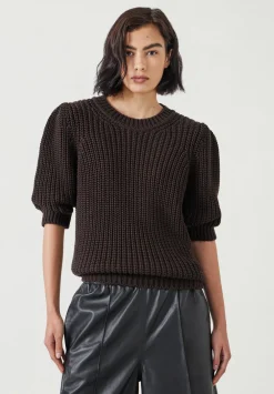 hush Tops & T-Shirts|Jessie Cotton Puff Sleeve Ribbed Top Chocolate brown