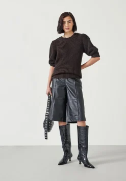 hush Tops & T-Shirts|Jessie Cotton Puff Sleeve Ribbed Top Chocolate brown