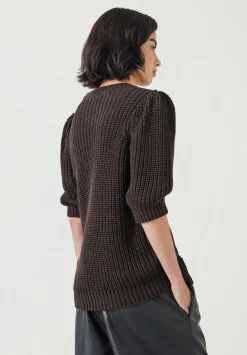 hush Tops & T-Shirts|Jessie Cotton Puff Sleeve Ribbed Top Chocolate brown