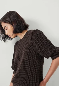 hush Tops & T-Shirts|Jessie Cotton Puff Sleeve Ribbed Top Chocolate brown
