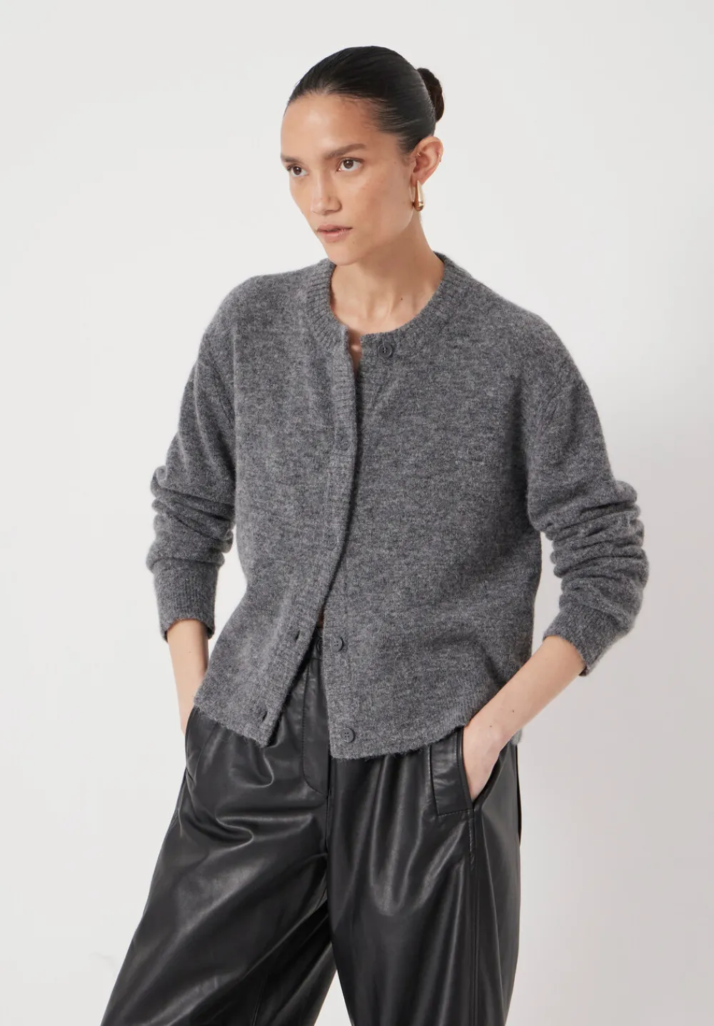 hush Jumpers & Cardigans|Juni Crew Neck Wool Blend Cardigan Mid Grey Marl