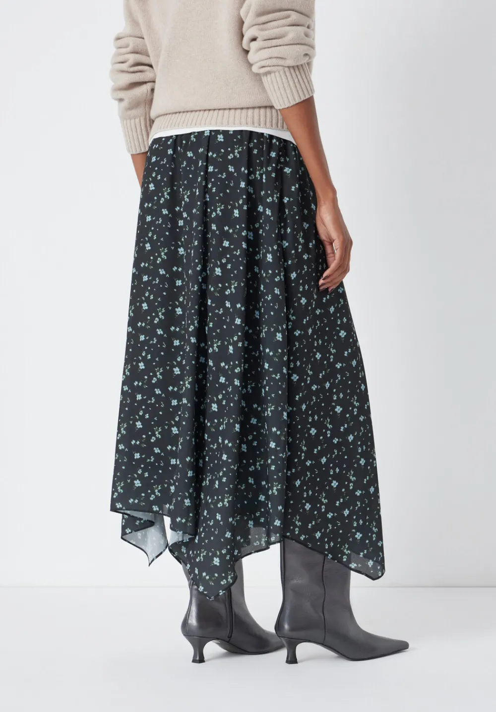 hush Skirts|Kaia Chiffon Hanky Hem Skirt Ditsy Floral Black