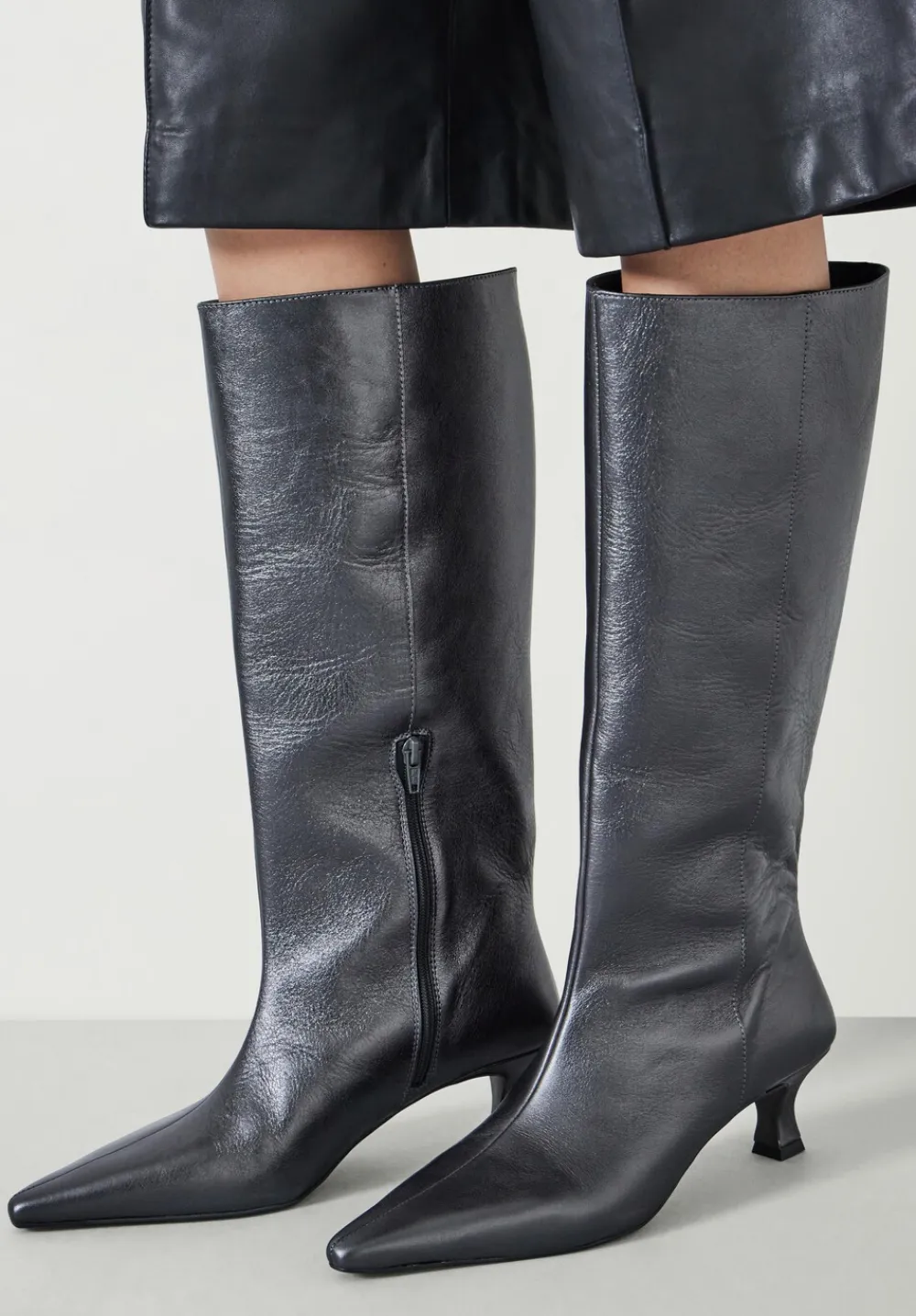 hush Boots|Heels|Katlynn Leather Kitten Heel Knee Boots Pewter