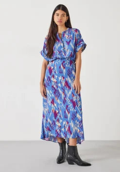 hush Dresses|Keisha Relaxed Maxi Shirt Dress Irregular Ikat Blue