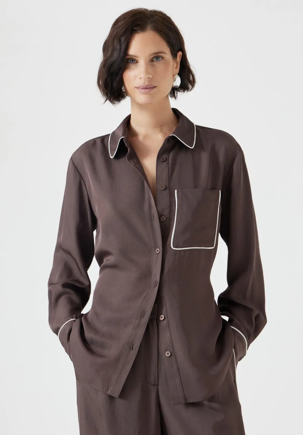 hush Shirts & Blouses|Kinsey Long Sleeve Piping Detailed Shirt Coffee Brown