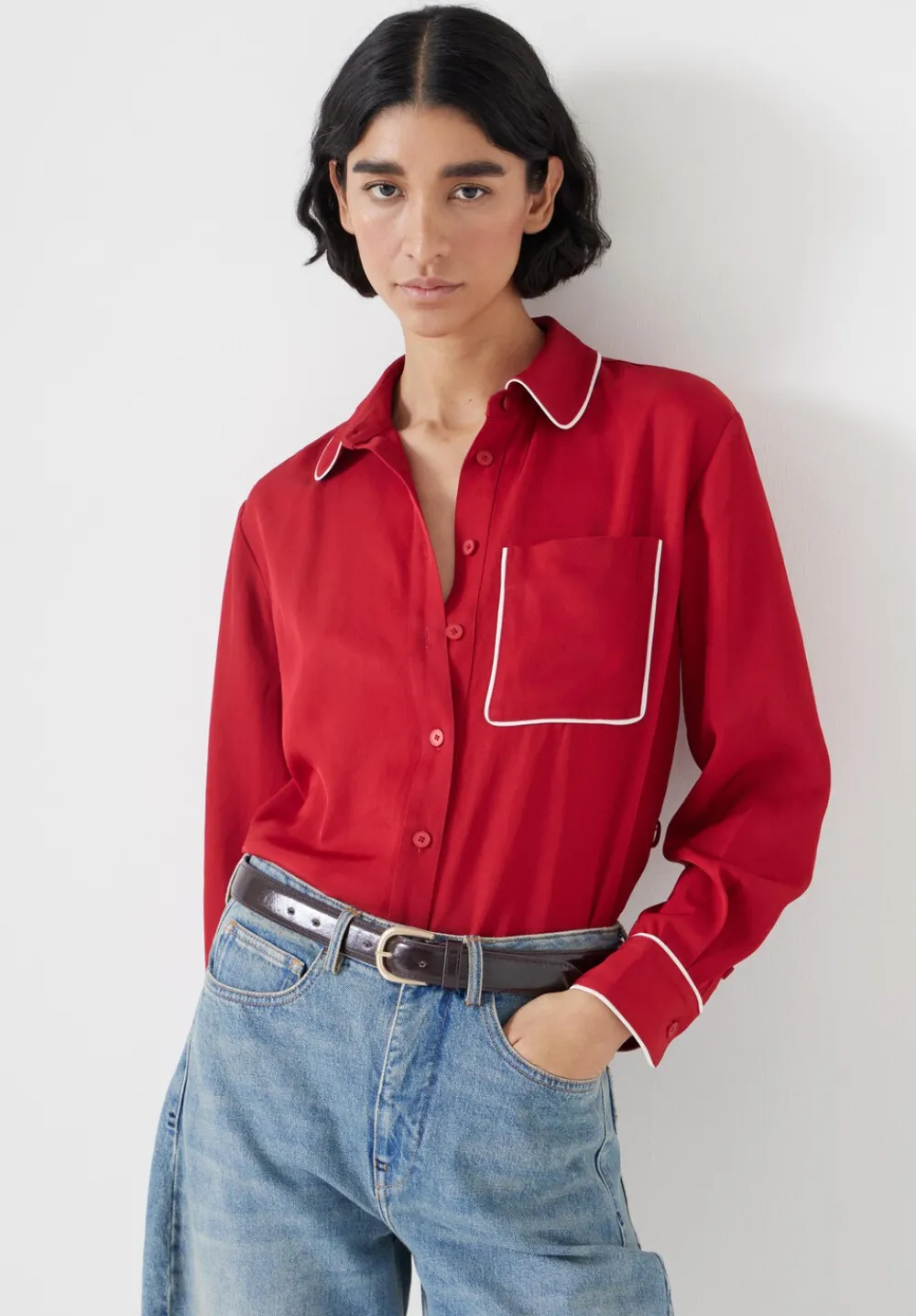 hush Shirts & Blouses|Kinsey Long Sleeve Piping Detailed Shirt Red