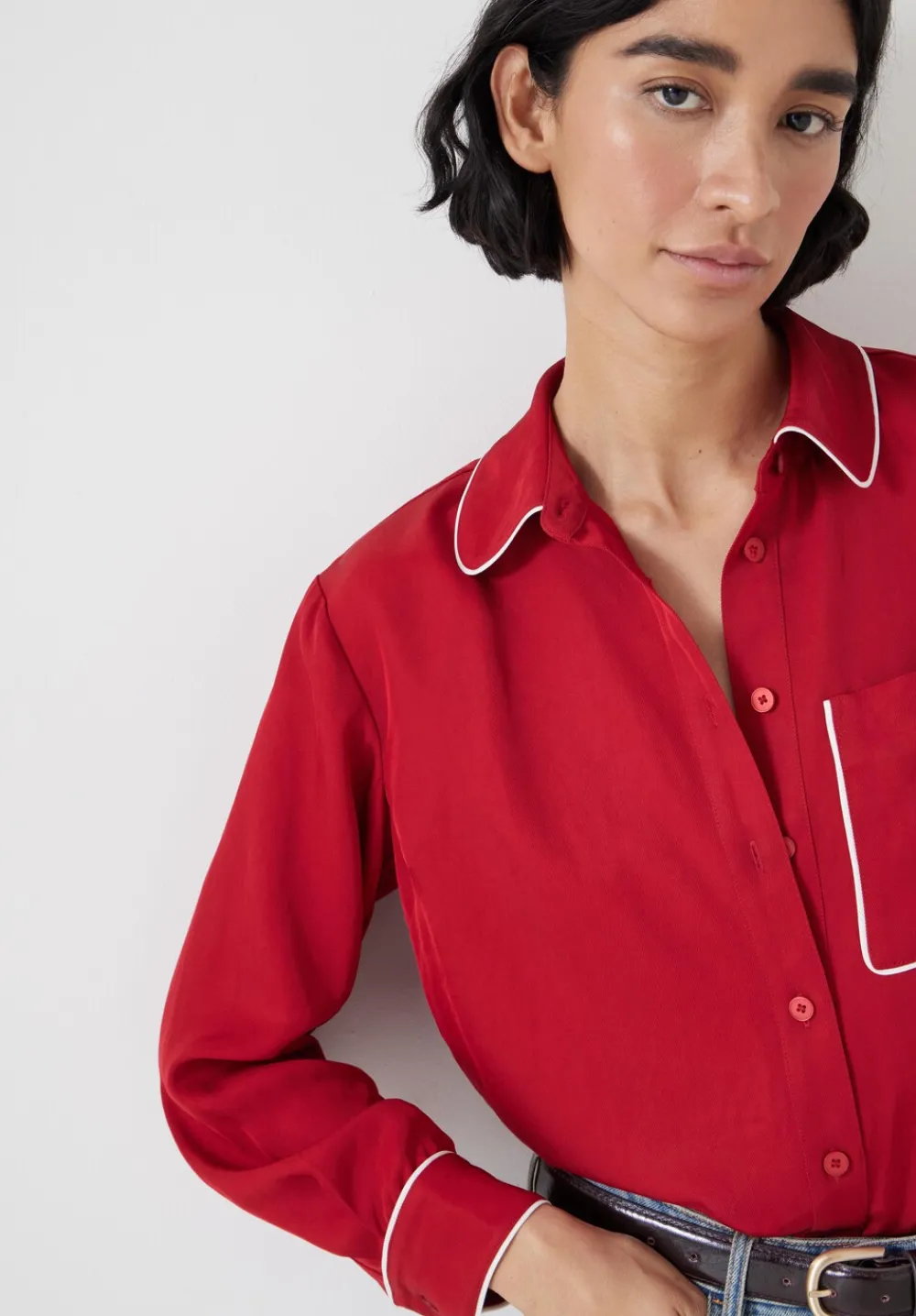 hush Shirts & Blouses|Kinsey Long Sleeve Piping Detailed Shirt Red