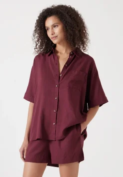 hush Swimwear & Beachwear|Lana Linen Blend Shirt Burgundy Red