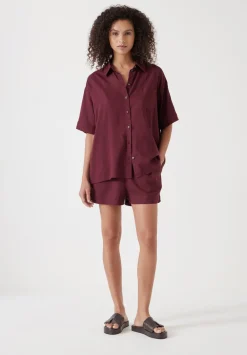 hush Swimwear & Beachwear|Lana Linen Blend Shirt Burgundy Red