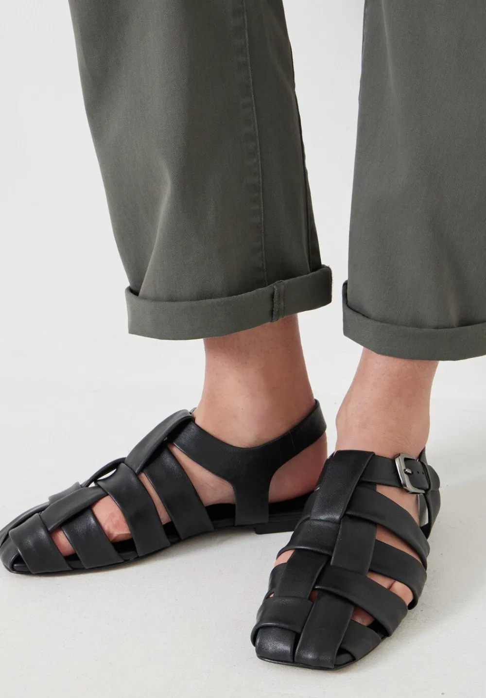 hush Sandals|Flats|Leather Caged Fisherman Sandals Black
