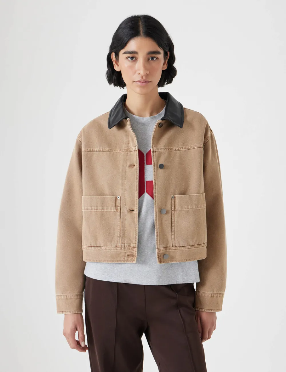 hush Jackets & Coats|Leather Collar Cropped Jacket Camel Brown