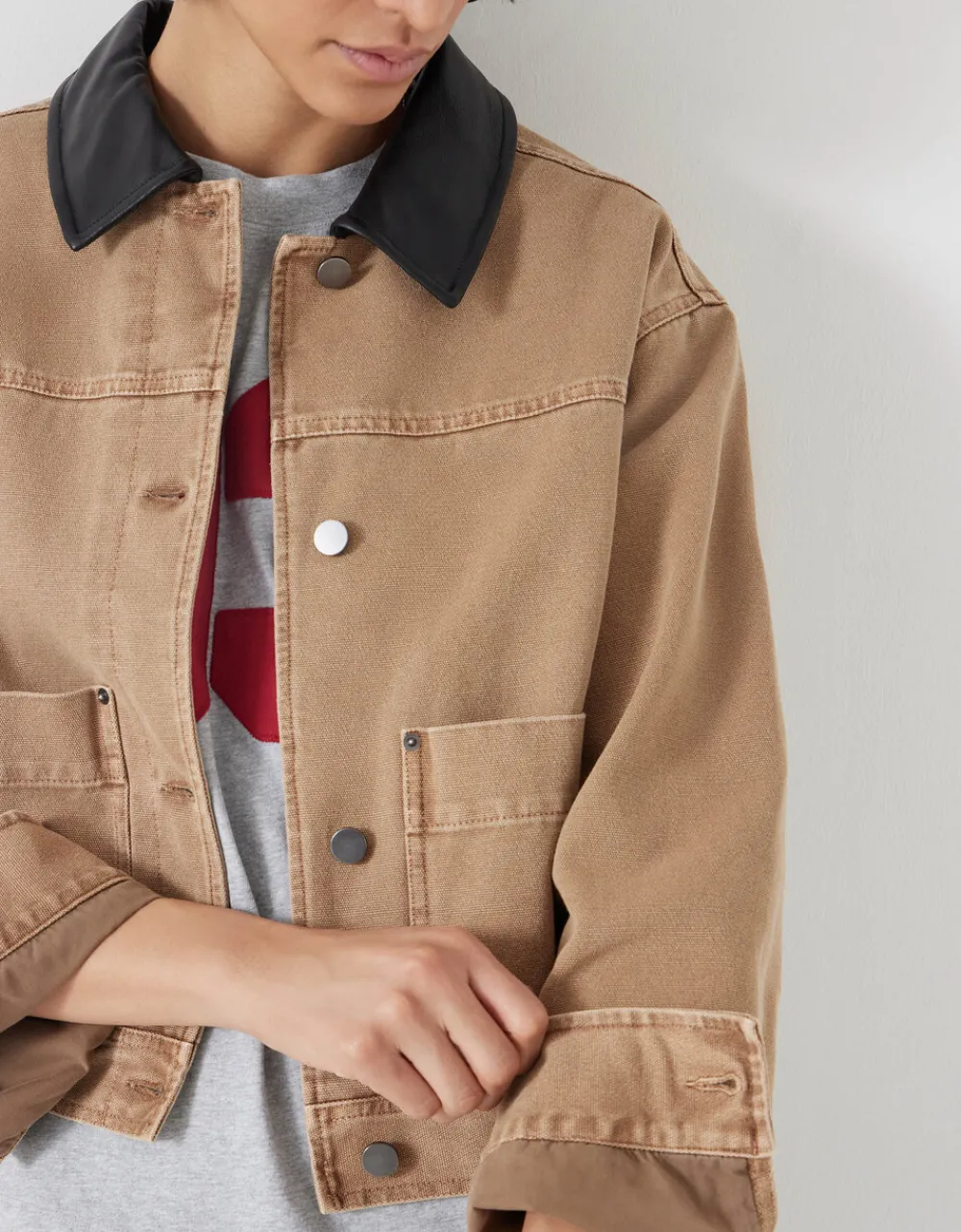 hush Jackets & Coats|Leather Collar Cropped Jacket Camel Brown