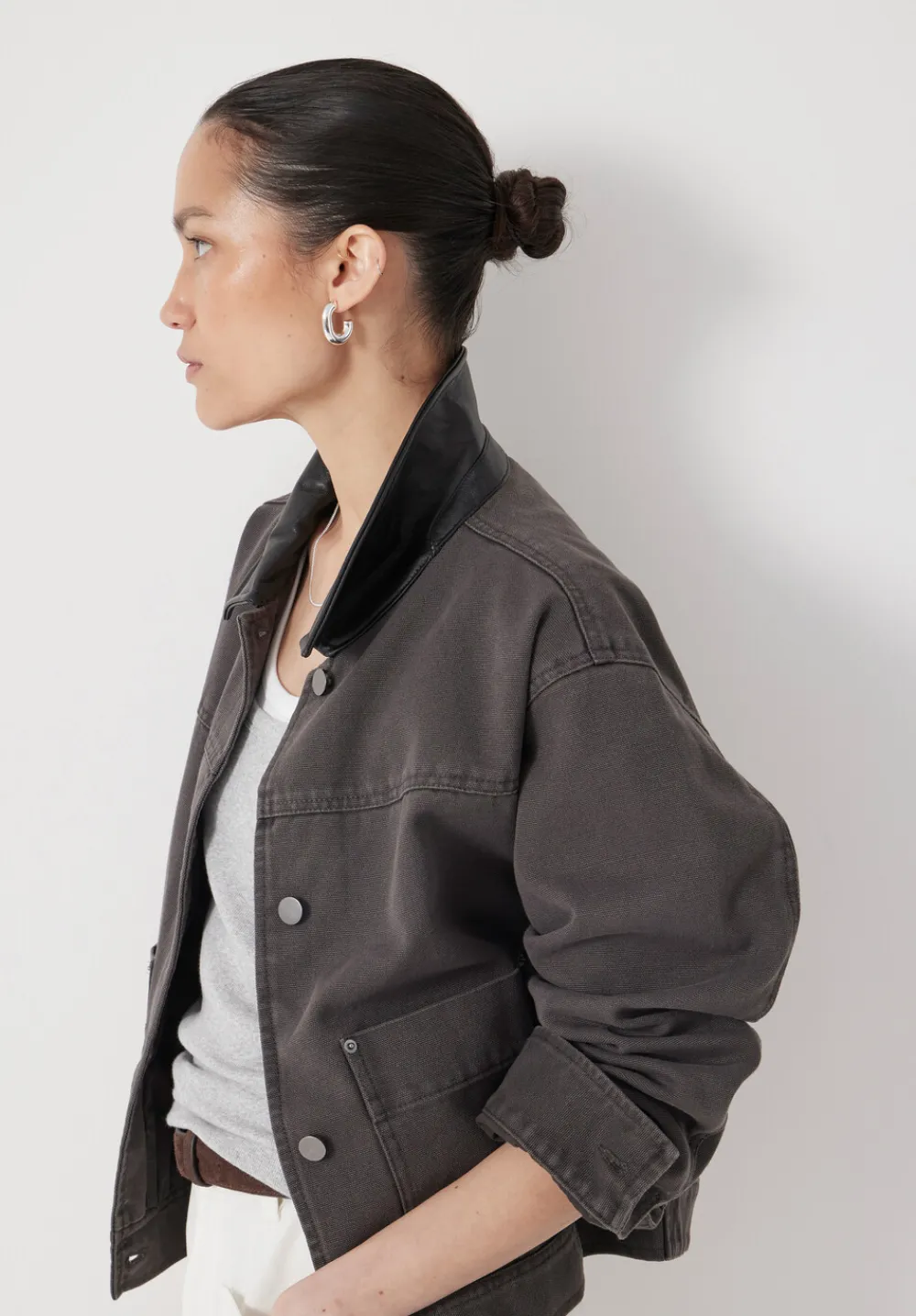 hush Jackets & Coats|Leather Collar Cropped Jacket Charcoal Grey