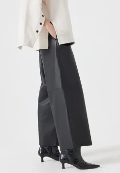 hush Trousers|Leather Cropped Wide Leg Trousers Black