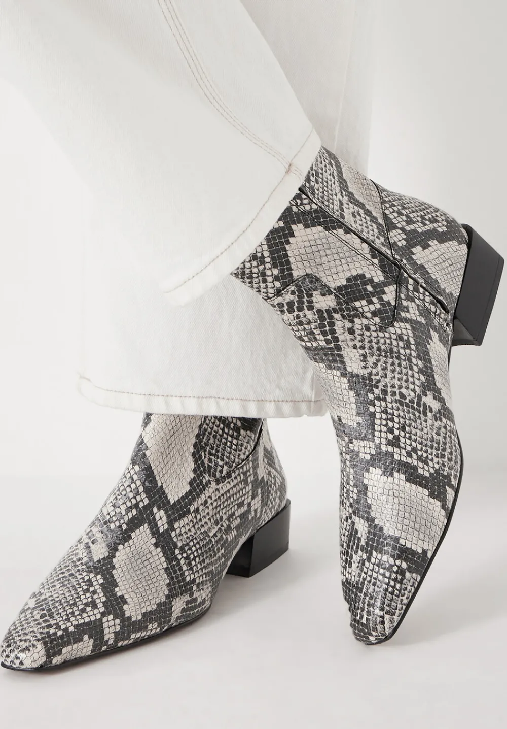 hush Heels|Boots|Leather Snake Print Square Toe Boots Natural snake