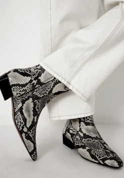 hush Heels|Boots|Leather Snake Print Square Toe Boots Natural snake