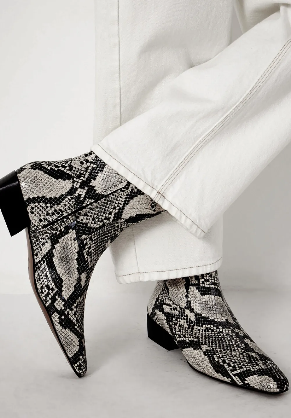 hush Heels|Boots|Leather Snake Print Square Toe Boots Natural snake