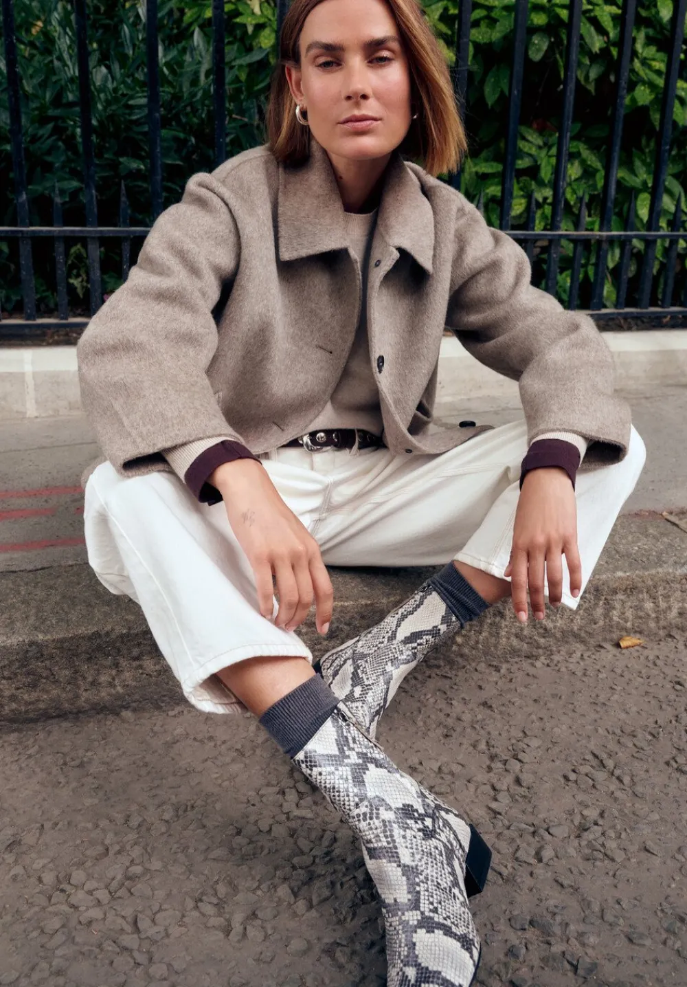 hush Heels|Boots|Leather Snake Print Square Toe Boots Natural snake