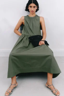 hush Dresses|Lightweight Cotton Sleeveless Crew Neck Maxi Dress Khaki Green